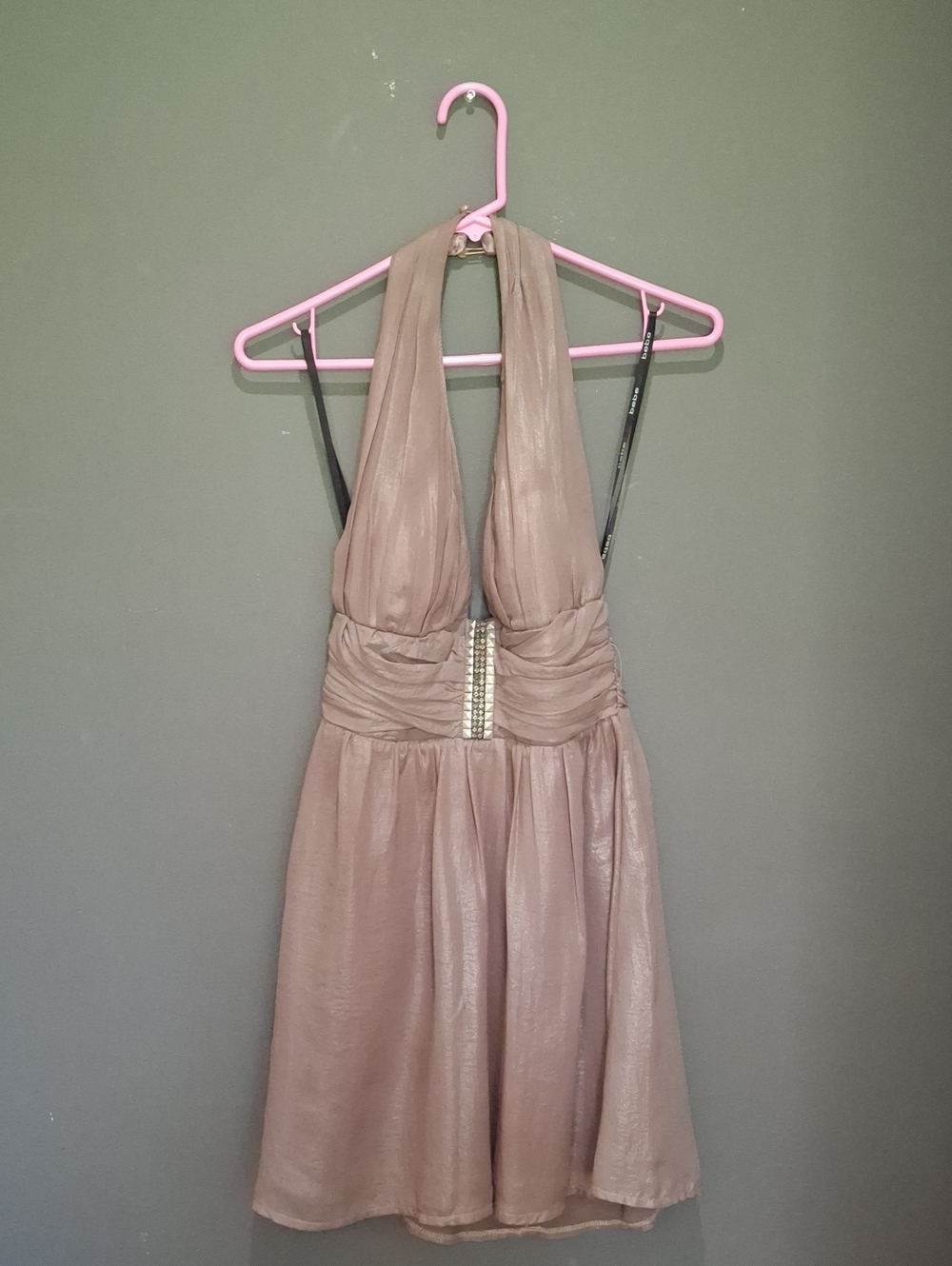 2B Bebe One-Shoulder Halter Dress in Taupe with Center Rhinestone Detail